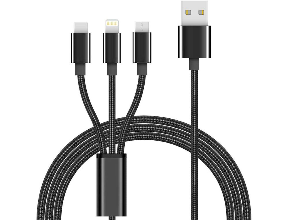 CABLE APPLE  CHARGUER 3 EN 1 3 CONNECTEURS LIGHTNING MICRO USB ET TYPE C EN SIMULTANE    NYLON TRESSE