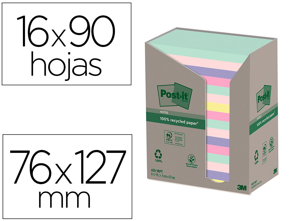 BLOC-NOTES POST-IT 16 BLOCS X 100 FEUILLES 76X127MM COLORIS ASSORTIES