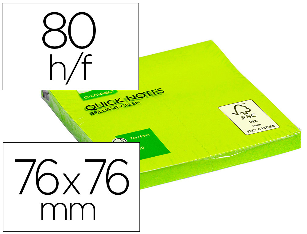 BLOC-NOTES Q-CONNECT QUICK NOTES COULEURS NON 76X76MM 80F REPOSITIONNABLES COLORIS VERT VIF