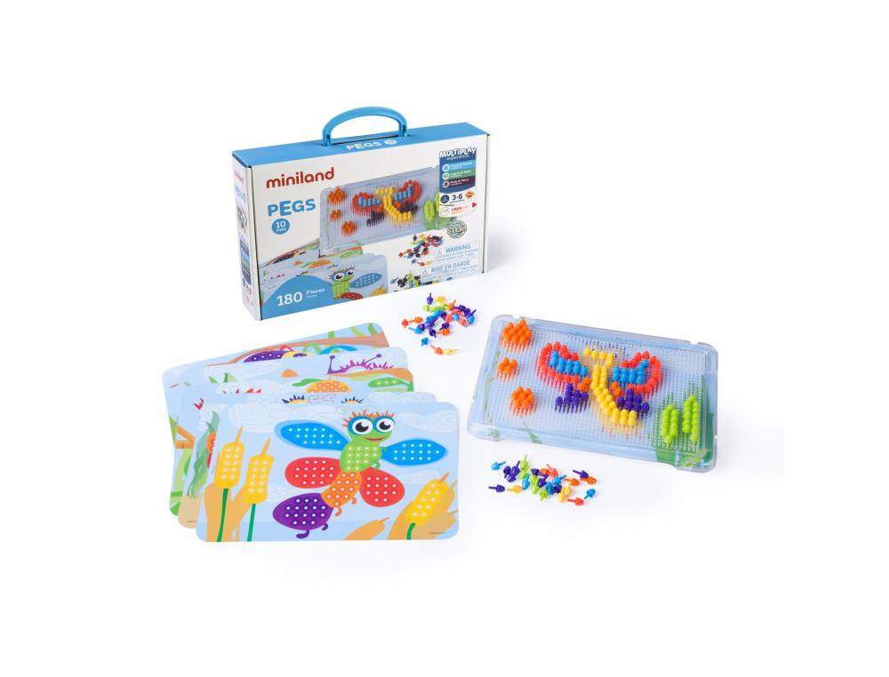 MOSAIQUES PEGS MINILAND 3 TAILLES DE PIONS DIAMETRE     10MM 180 PIECES COLORIS       ASSORTIS 6 FICHES MODELES