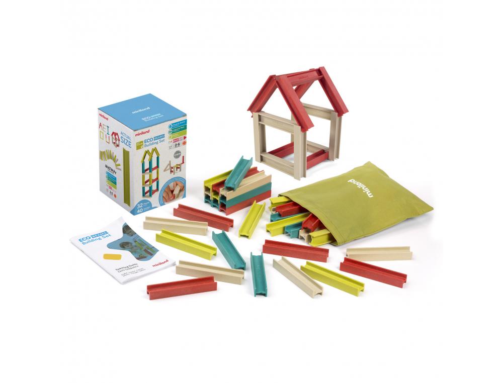 JEU DE POUTRES ECO CONUES MINILAND CAPACITE             PSYCHOMOTRICE 32 POUTRES 1    SAC DE RANGEMENT 40 ACTIVITES