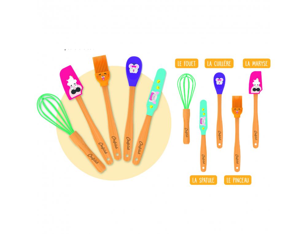 CHEF CLUB CHEFCLUB KIT DE MINI USTENSILES TETES EN      SILICONE MANCHES EN BAMBOU 5  USTENSILES