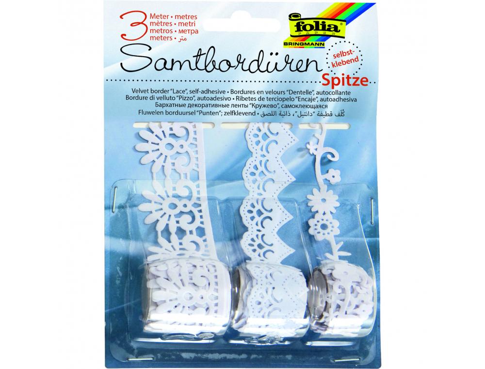 LOT BORDURES FOLIA VELOURS ADHESIVES BLANCHES DENTELEES  3 UNITES TAILLES ET MOTIFS    ASSORTIS