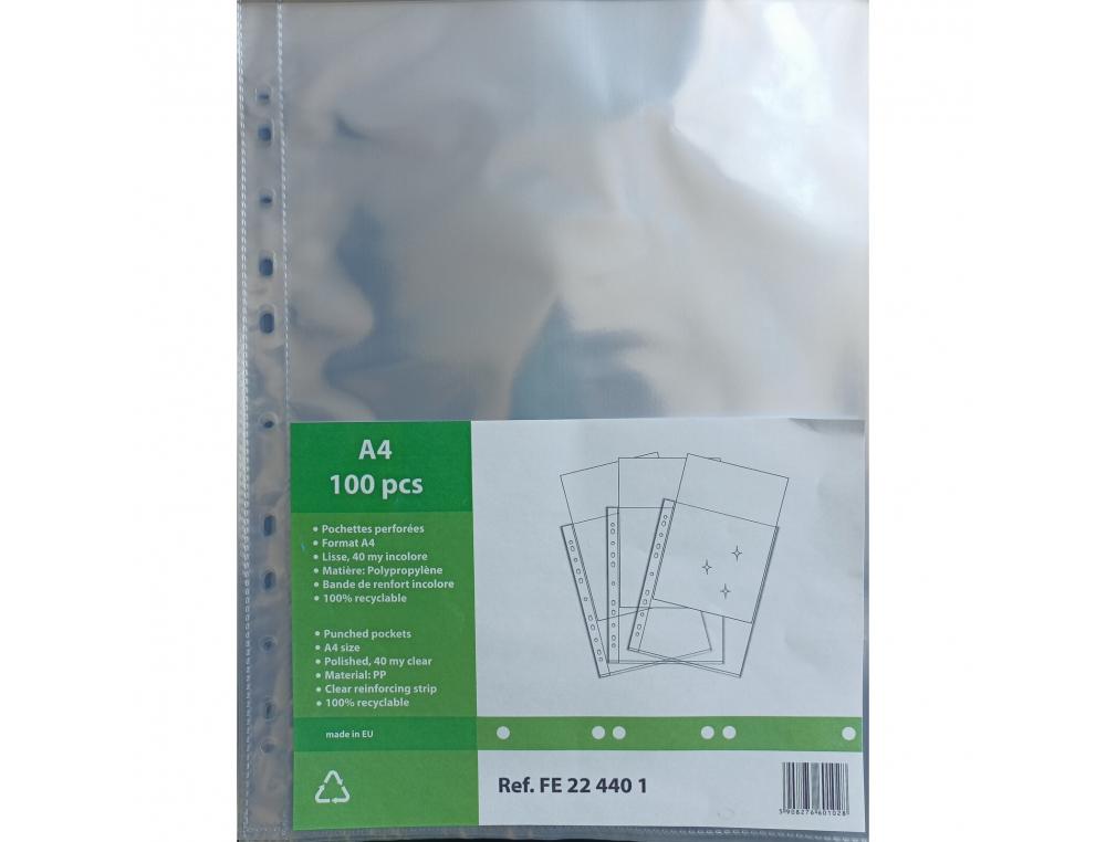 POCHETTE PERFOREE INTERFOLIA LISSE 40 MICRONS BANDE        PERFOREE RENFORCEE POUR       FORMAT A4 LOT DE 100 UNITES