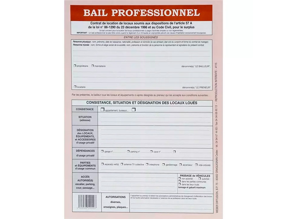 CONTRAT BAIL PROFESSIONNEL WEBER DIFFUSION 8 PAGES 1 TAT LIEUX 1 CAUTION SOLIDAIRE
