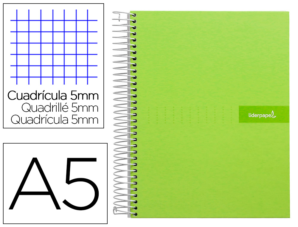 CAHIER SPIRALE LIDERPAPEL CRAFTY COUVERTURE CONTRECOLLE A5 240P 90G/M2 5X5MM MICROPERFOR 6 TROUS COLORIS VERT