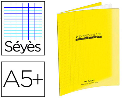 CAHIER PIQU CONQURANT CLASSIQUE COUVERTURE POLYPROPYLNE RIGIDE TRANSPARENTE A5+ 17X22CM 32 PAGES 90G SYS JAUNE