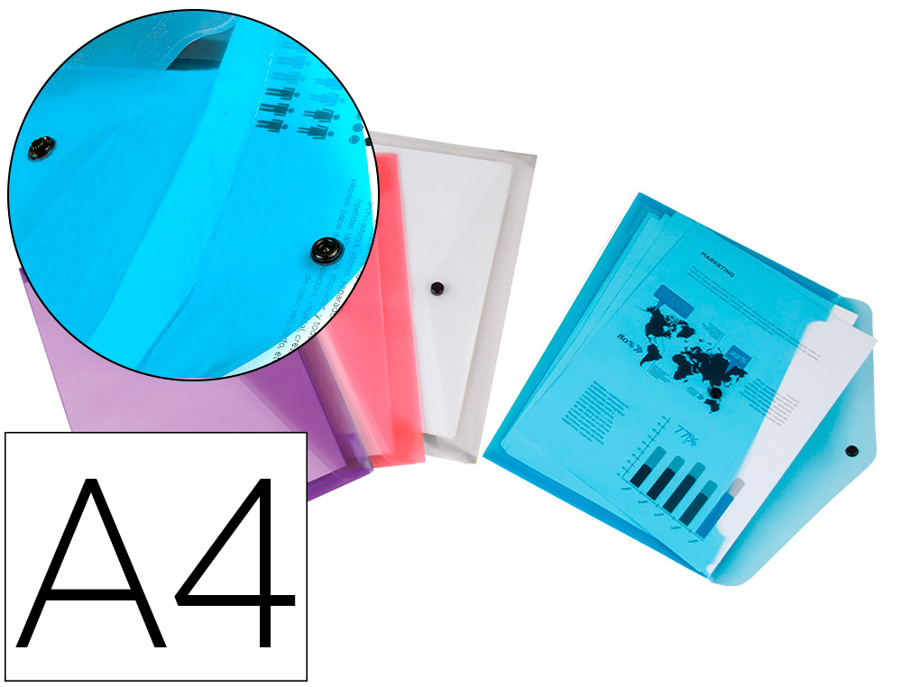 POCHETTE ENVELOPPE LIDERPAPEL POLYPROPYLNE 180 MICRONS A4 297X210MM FERMETURE BOUTON RSISTANT ASSORTIS PACK 4 UNITS