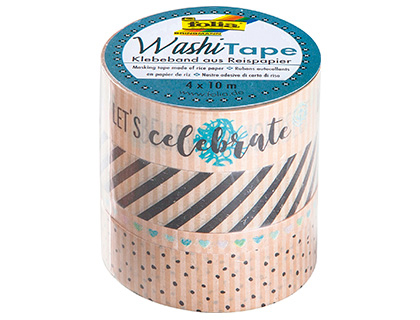 RUBAN ADHESIF DECORATIF WASHI TAPE PAPIER KRAFT I CELEBRATE LONGUEUR 10M PACK 4 ROULEAUX  3X15MM + 1X5MM