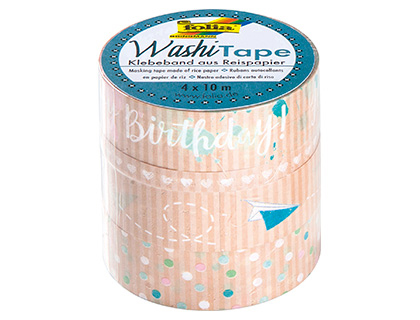 RUBAN ADHESIF DECORATIF WASHI TAPE PAPIER KRAFT II HAPPY    BIRTHDAY LONGUEUR 10M PACK 4  ROULEAUX 3X15MM + 1X5MM