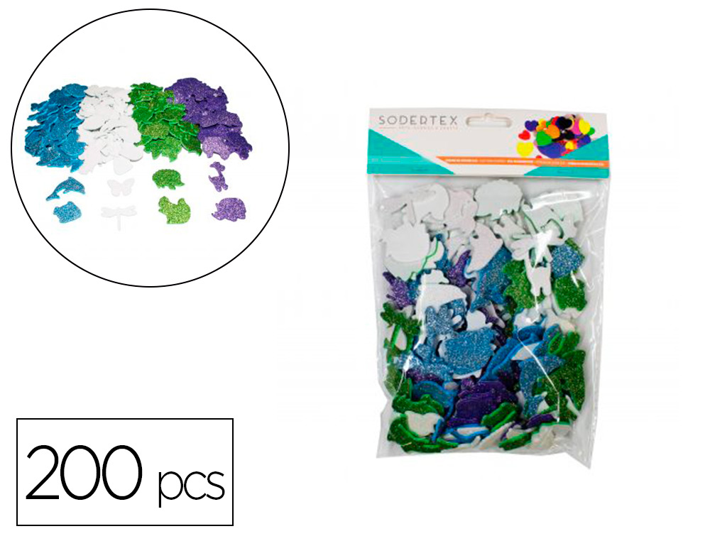STICKERS ANIMAUX SODERTEX EN MOUSSE EVA PAILLETEE 2MM 200  PCS 4 COLORIS ASSORTIS