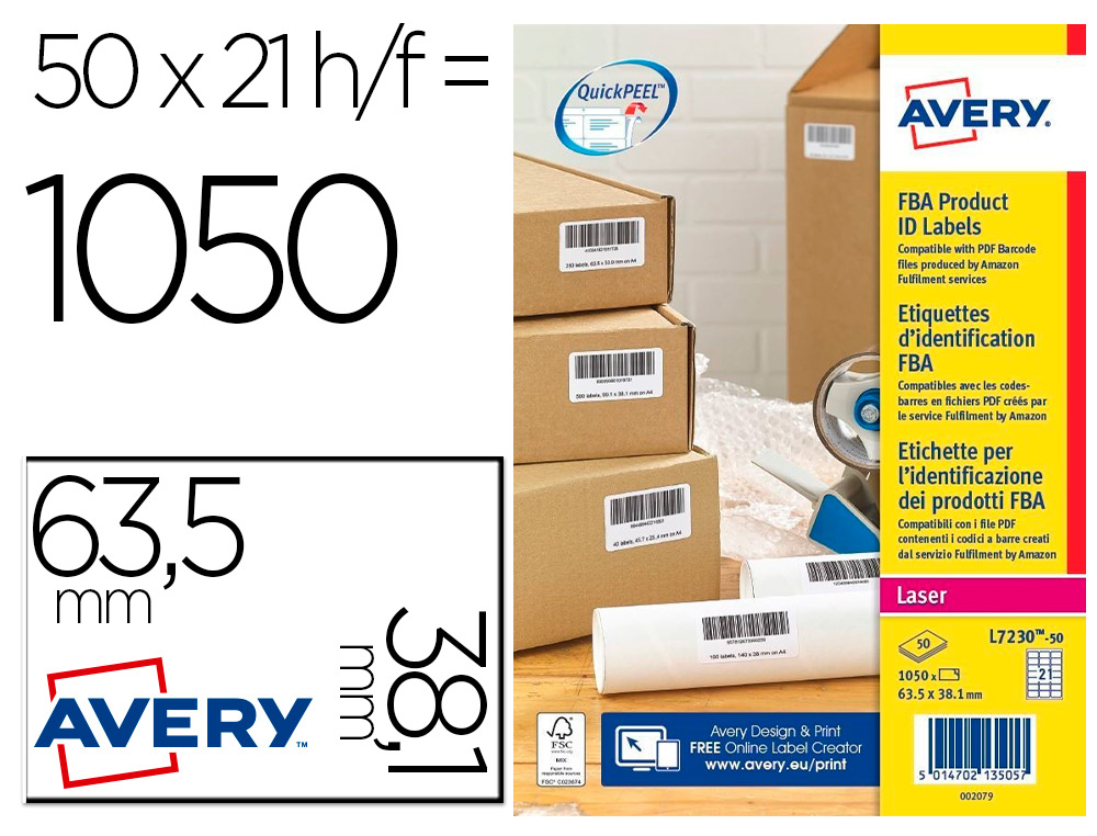 TIQUETTE AVERY IDENTIFICATION FBA COMPATIBLE CODE BARRE PDF AMAZON IDAL TIQUETAGE PRODUITS 63,5X38,1MM 1050 UNITS
